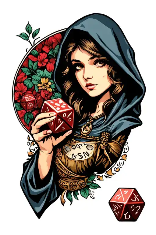 Hooded Woman Holding D20 Dice