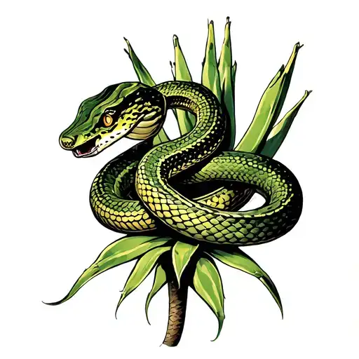 A Snake Wrapped Around An Agave Plant Growing