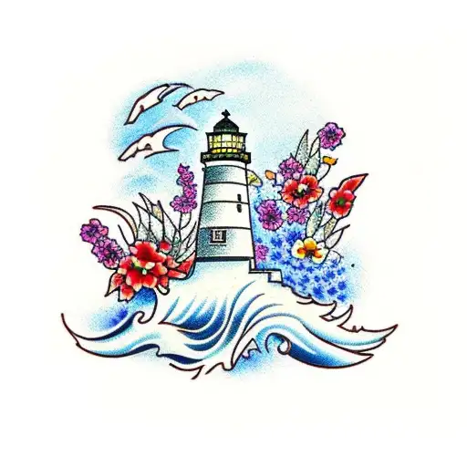 A Traditional Tattoo Of A Lighthouse Surrounded By Colorful Flowers In The Ocean