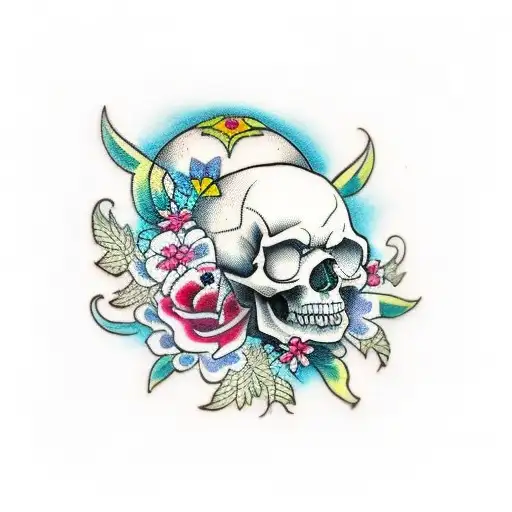 A Traditional-style Tattoo Of A Skull Adorned With Vibrant Flowers And Intricate Patterns