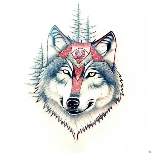 Wolf With Red Eyes And A Forest In The Background