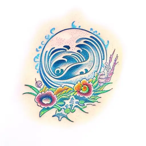 A Traditional Tattoo Of An Ocean Wave Made Of Flowers