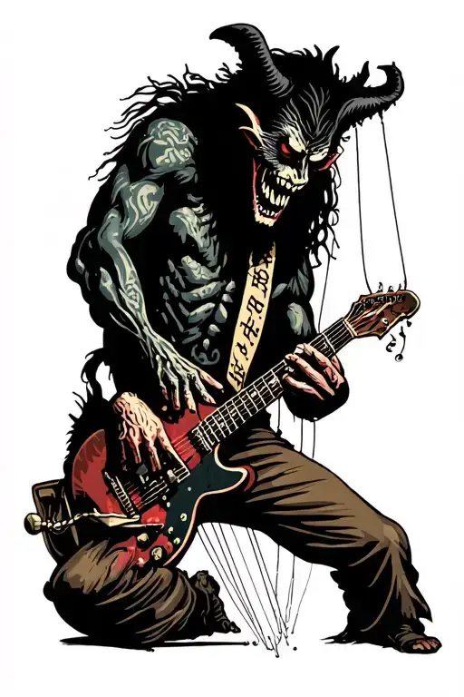 Demon Controlling A Heavy Metal Guitarist With Strings Like A Puppet