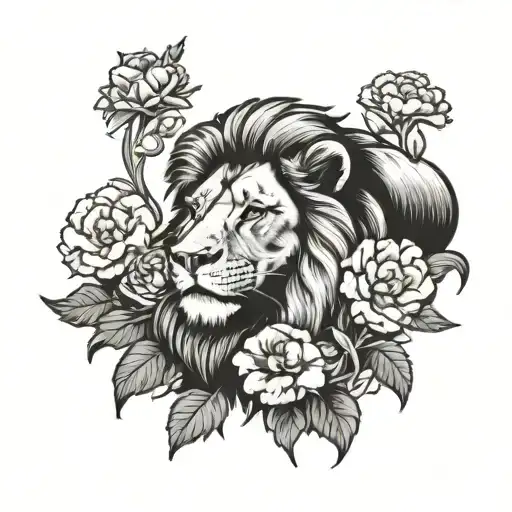 Black And White Lion With Carnation Flowers Behind