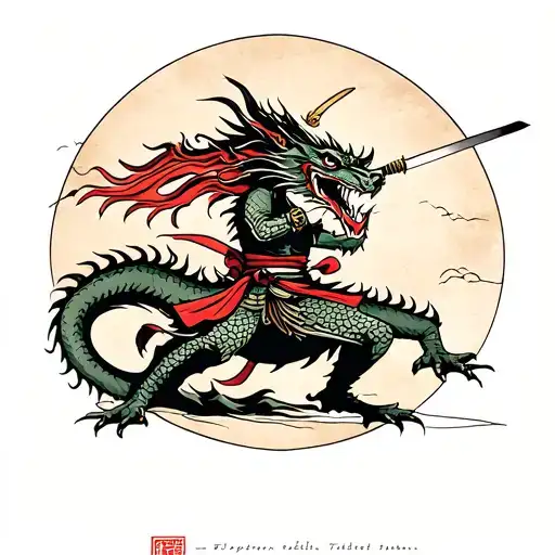 A Ronin With A Katana Fights A Dragon
