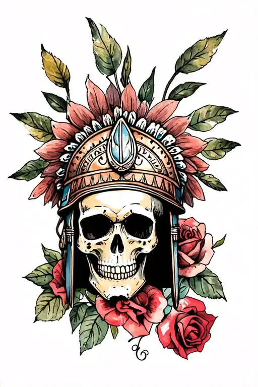 Skull And Rose Mexica Helmet And Watercolor