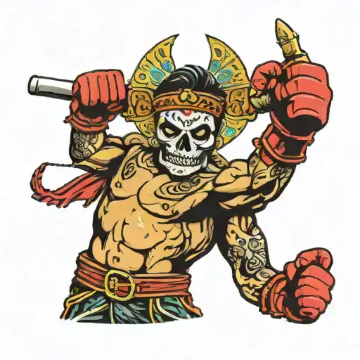 Muay Thai Pose With Day Of The Dead Aztec Warrior