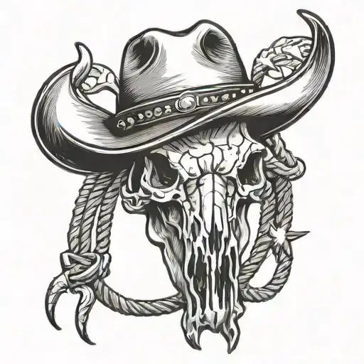 Bull Skull With Cowboy Hat Hanging With Lasso
