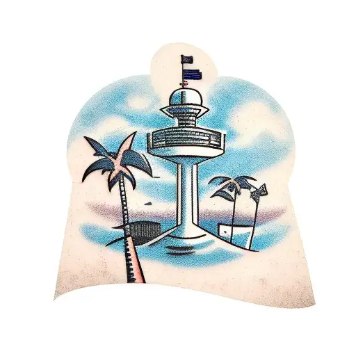 An Airport Control Tower With Palm Trees In The Background