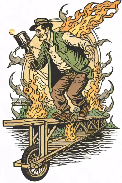 Bridge Burning With A Guy Dragging A Torch
