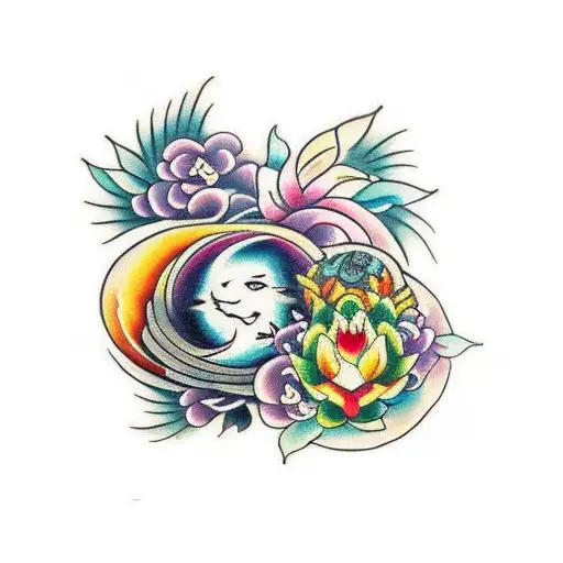 A Traditional Tattoo Featuring A Yin And Yang Symbol Surrounded By Botanical Elements