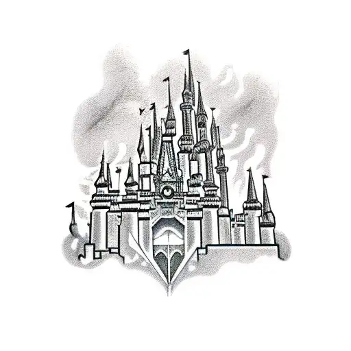 A Traditional Style Tattoo Of Cinderella's Castle With Lightning Bolts In The Background