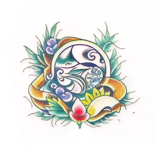 A Traditional Tattoo Featuring A Yin And Yang Symbol Surrounded By Botanical Elements