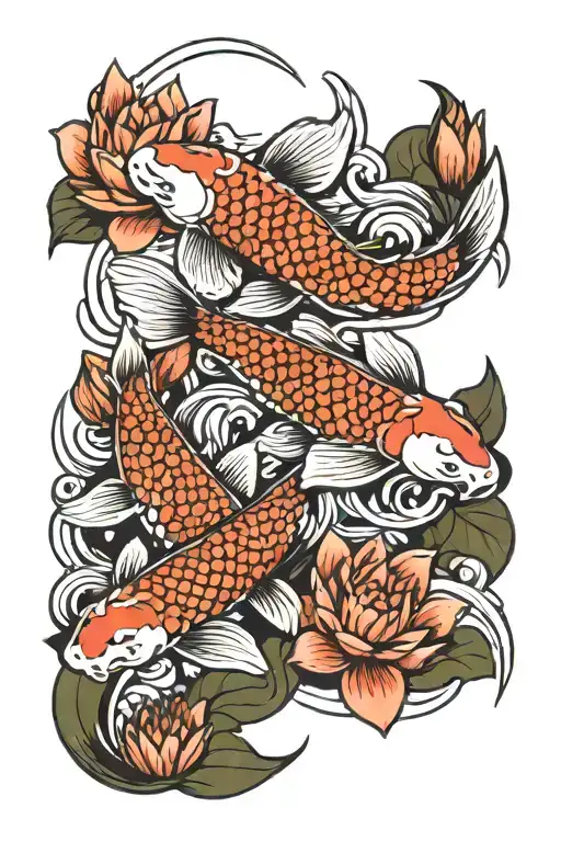 Multiple Koi Fish Swimming Upstream Surrounded By Water Lily