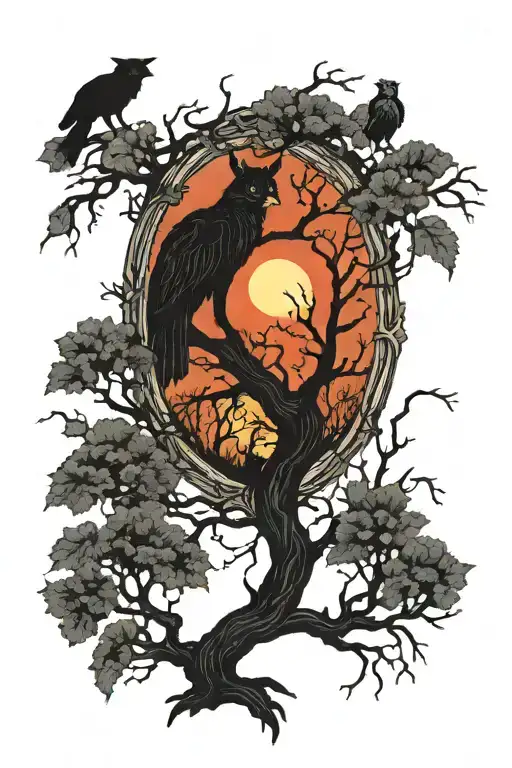 A Gothic Style Tree With Animal Silhouettes Hidden In The Branches