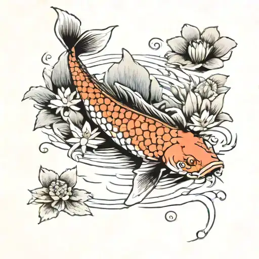 Koi Fish Swimming Upstream Surrounded By Water Lily