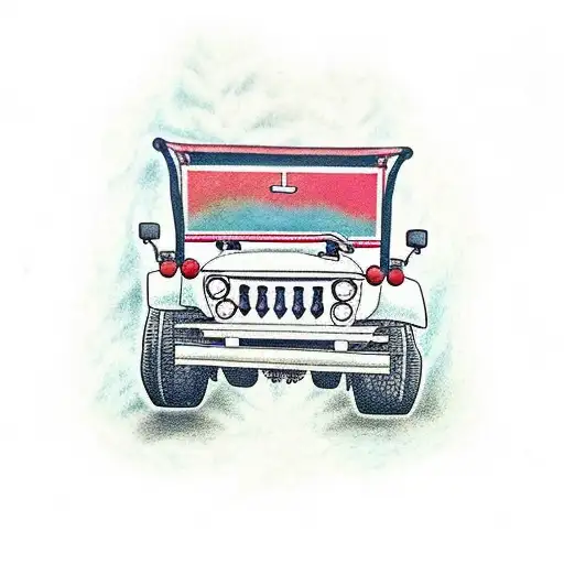 A Traditional Tattoo Of A Vintage Jeep Driving Through A Forest