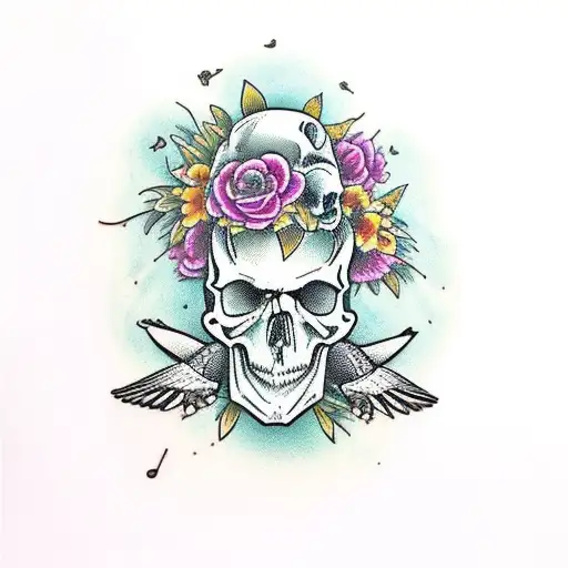 Skull With Flowers And Hummingbirds