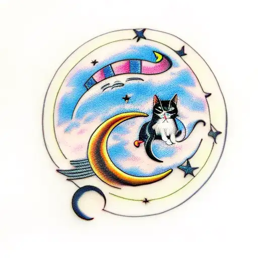 Crescent Moon With Tuxedo Cat Riding It