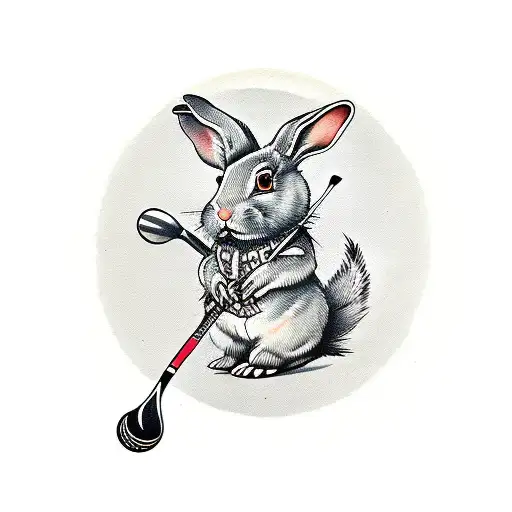 A Traditional Style Tattoo Of A Rabbit Holding A Golf Club With Hip Hop Music Notes Surrounding It