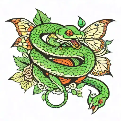 Green Snake Attacking Butterfly