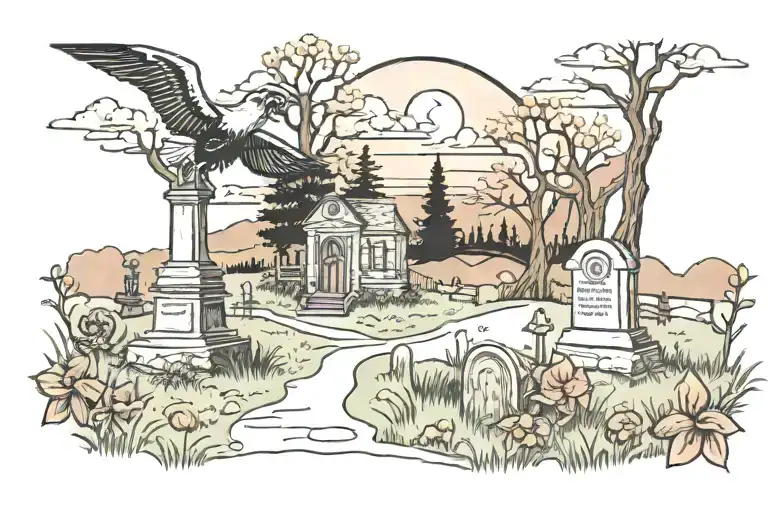 Graveyard Scene Featuring Country Landscape