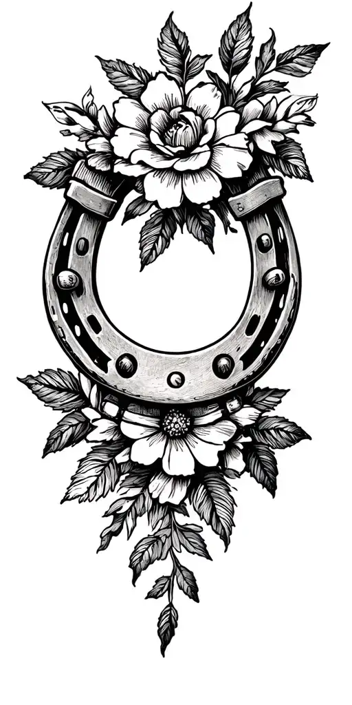 A Dotwork Tattoo Of A Horseshoe Surrounded By Spurs And Delicate Floral Elements