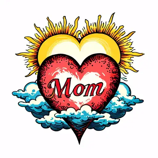 Mom Heart Tattoo With Clouds On The Bottom And A Sun On The Top Corner