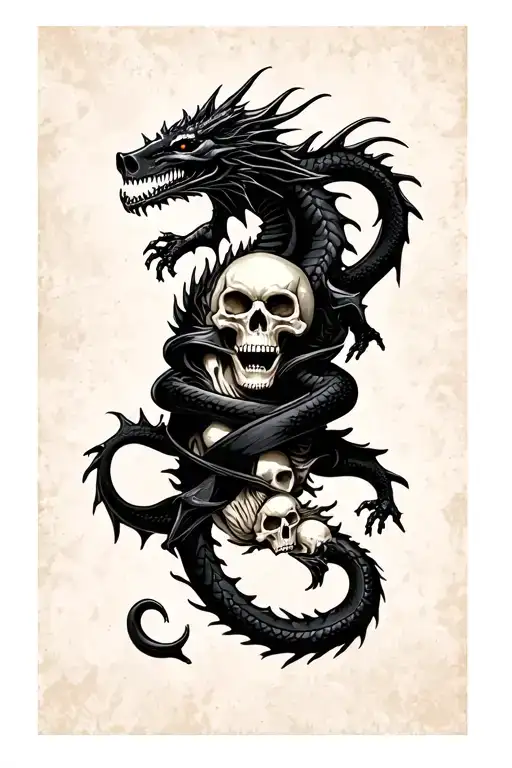 Skulls And Grim Reaper With Black Dragon Wrapped
