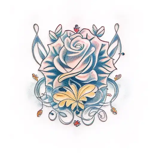 A Traditional Style Tattoo Of A Music Sheet Intertwined With Flowers And Butterflies