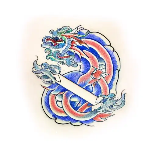 Intertwined Japanese Dragons Around A Sword