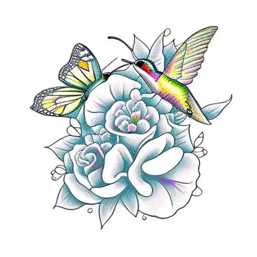 Yellow Butterflies In Purple Flowers And A Hummingbird