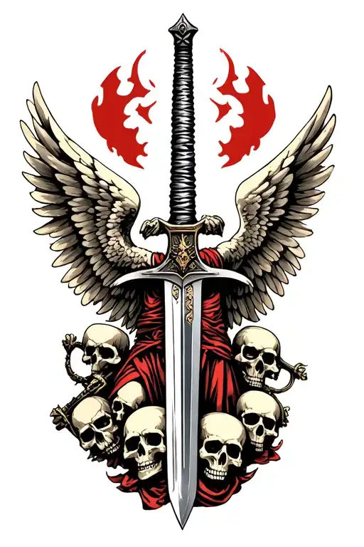 A Warrior Angel With Open Wings With A Sword Surrounded My Skulls
