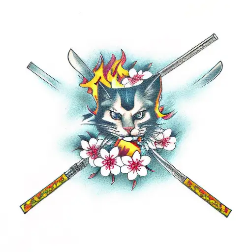 Katana With Cherry Blossoms And Fire