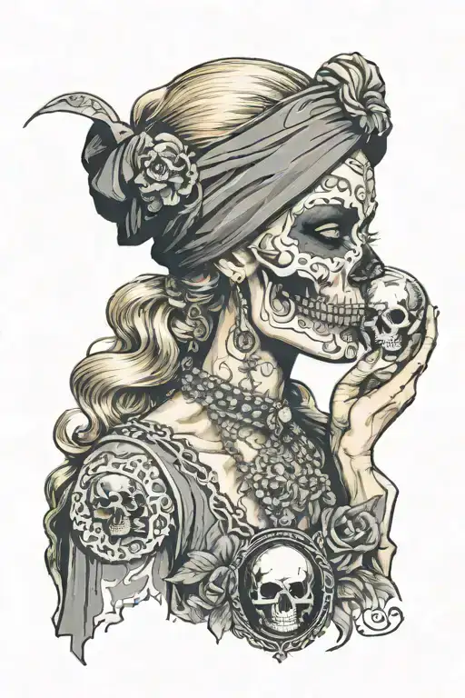 Blonde Blindfolded Gypsy Side Profile Holding A Crystal Ball With A Skull Inside