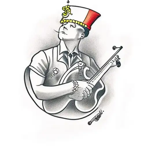 Traditional Tattoo Of A German Sheepard Playing Various Musical Instruments