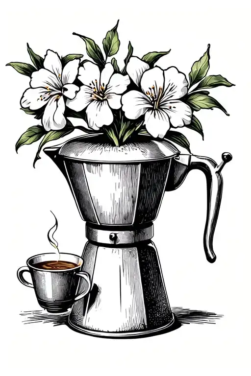 Cuban Coffee Maker With White Ginger Flowers Coming Out Of The Top Black And White