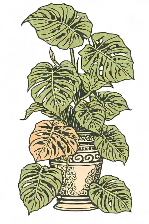 Monstera Plant With Three Large Leaves In A Traditional Vase That Has Geometric Patterns