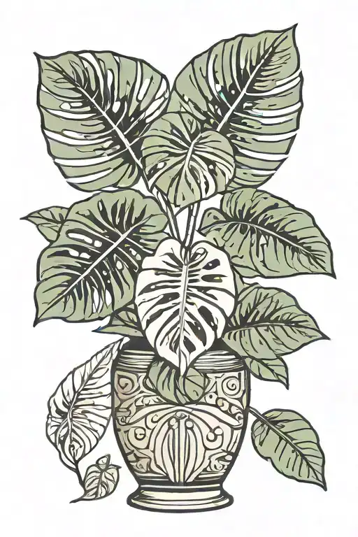 Monstera Plant With Three Large Leaves In A Traditional Vase That Has Geometric Patterns