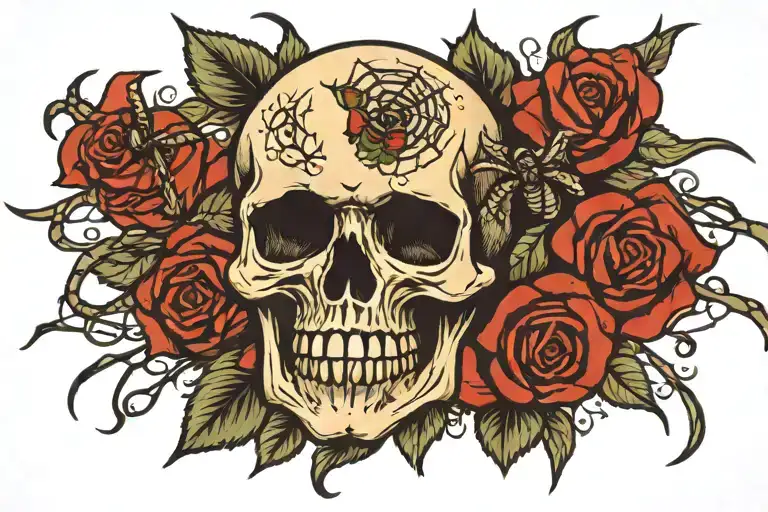 Skull With Spiders And Roses