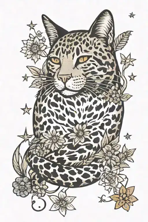 A Traditional Tattoo Of A Sleeping Cat Surrounded By A Field Of Leopard-print Flowers And Stars
