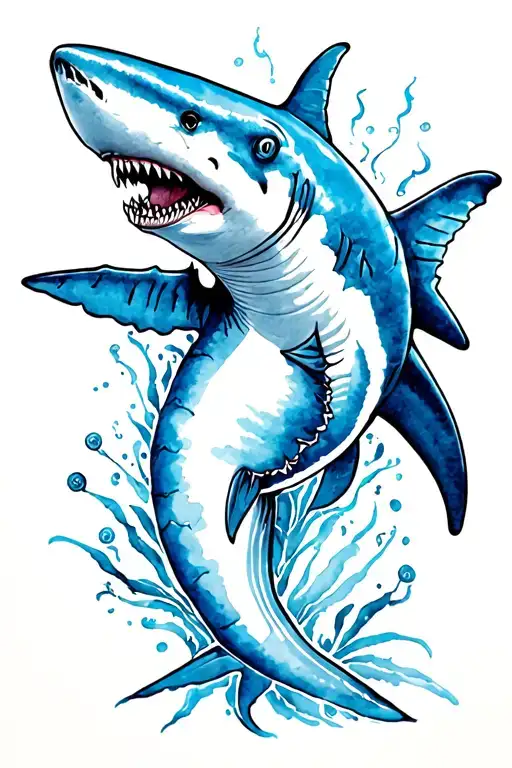 Blue Ink Shark With Details In Blue Aquarel