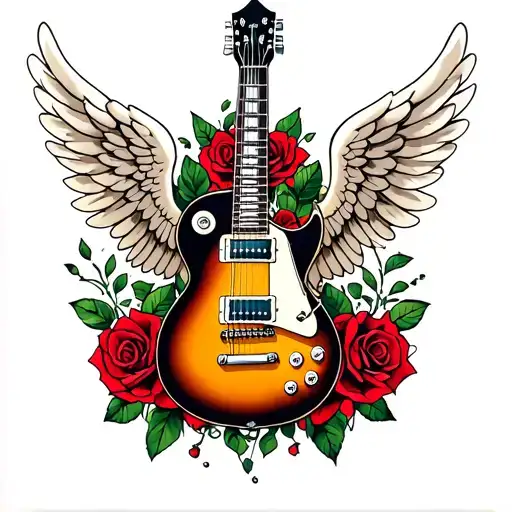 Personalized Memorial Tattoo Of Electric Guitar With Angel Wings & Roses