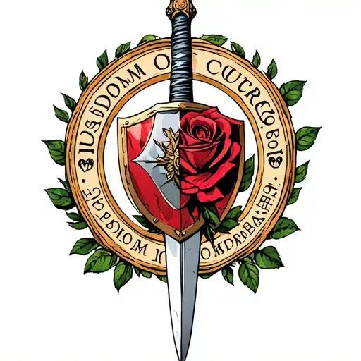 Link Sword And Shield With Words Wisdom Courage Power Surround By A Rose