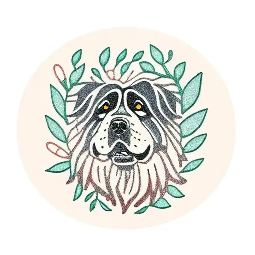 Newfoundland Dog Surrounded By Lace Jungle Style Leafs Not Symmetrical