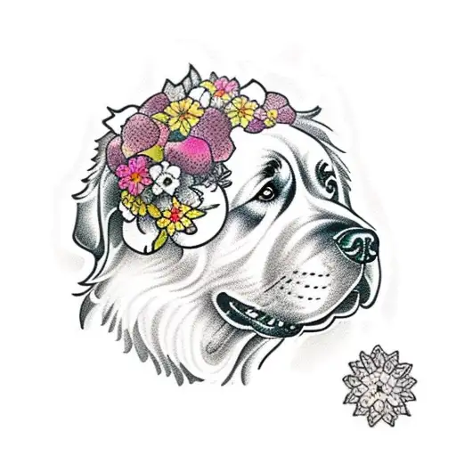 Newfoundland Dog Side Profile Surrounded By Flowers And Lace