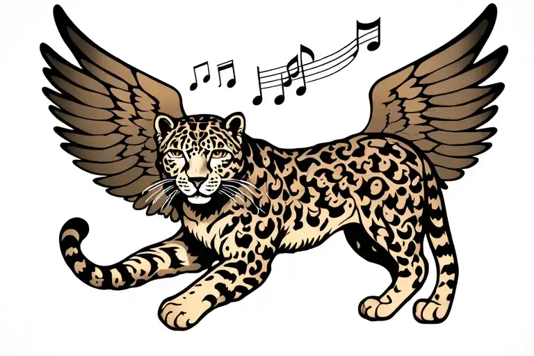 A Snow Leopard With Wings Made Of Musical Notes Flying Towards A New Light