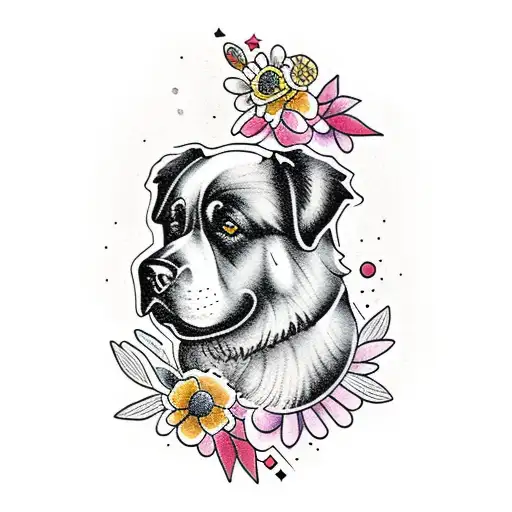 Newfoundland Dog Body Profile Surrounded By Flowers