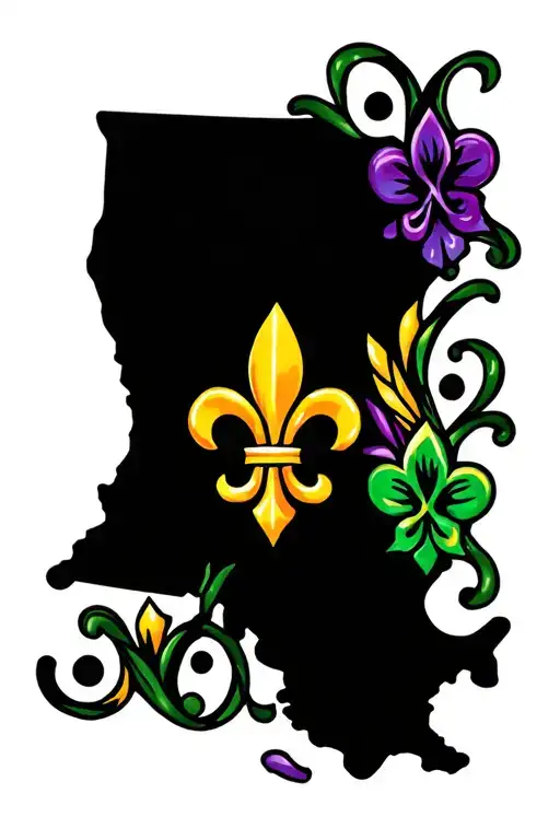 An Outline Of Louisiana With A Fleur De Lis Inside In Mardi Gras Colours