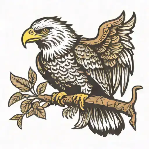 American Eagle Perched On Branch Facing Forward With Wings Not Spread